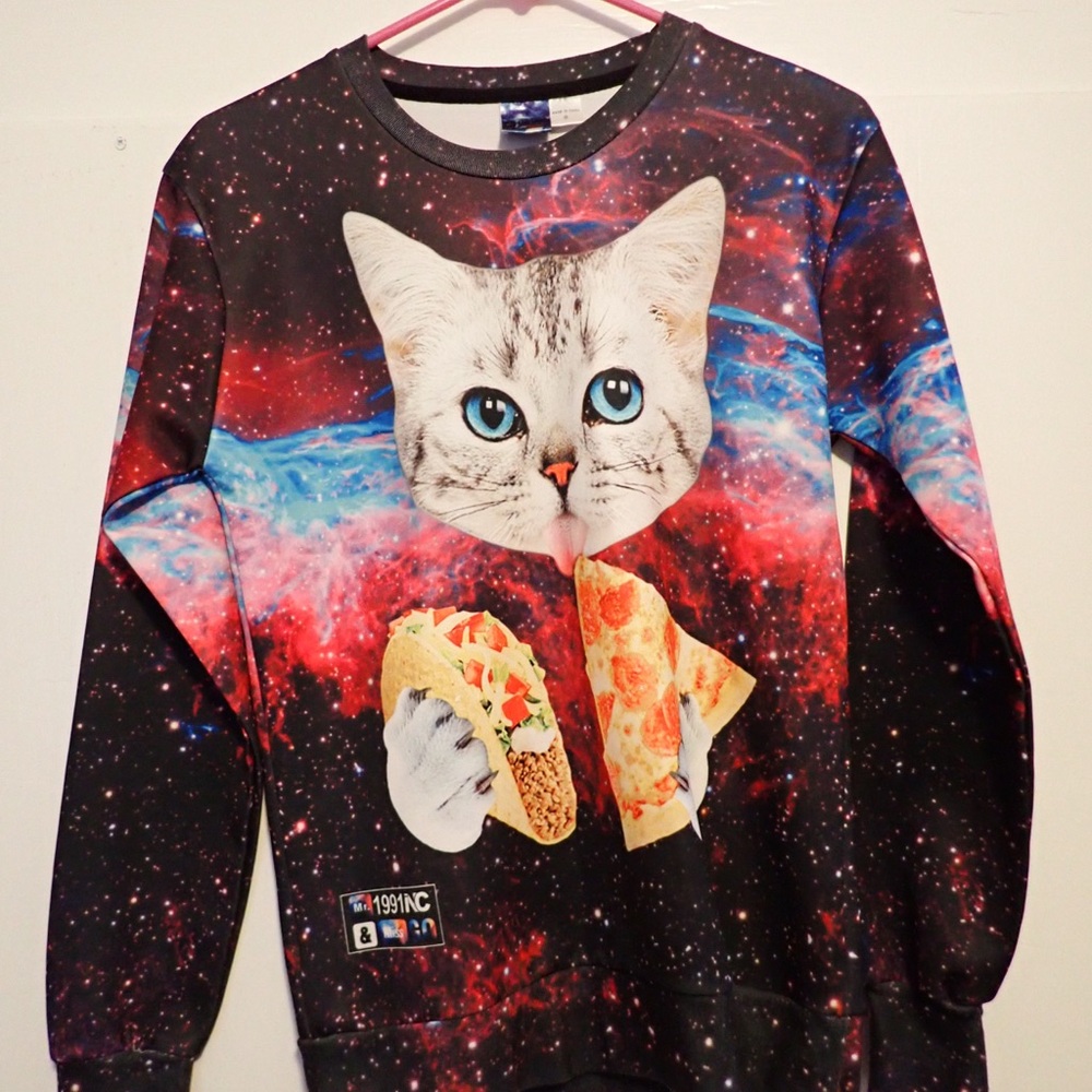 Cosmic Cat Sweatshirt with Tacos and Pizza